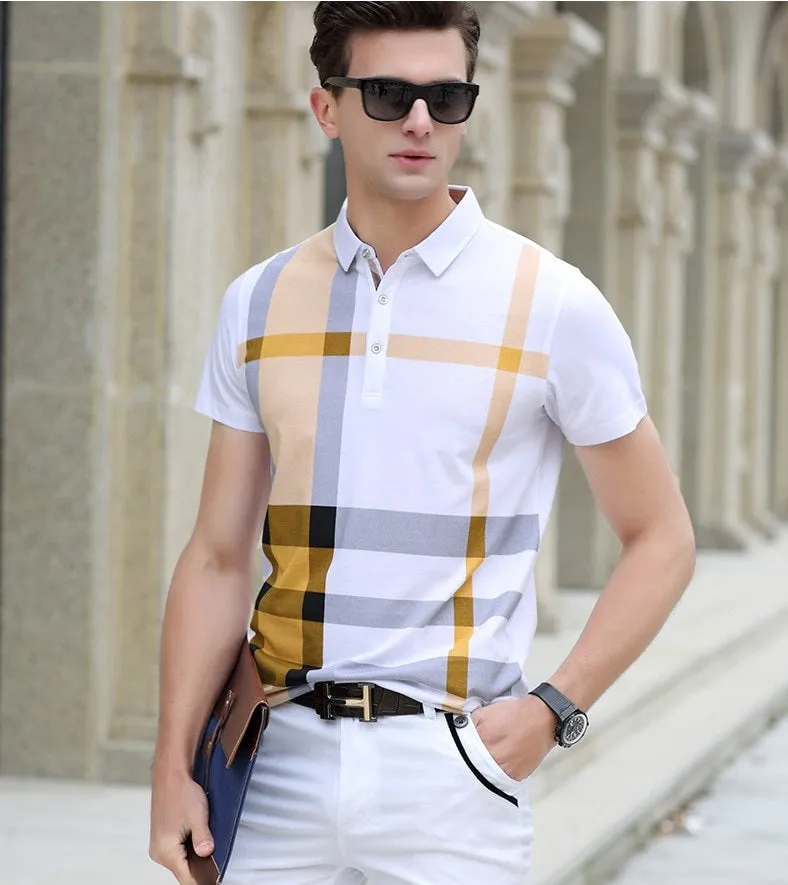 BRADFORD Design Collection Men's Fashion White Yellow Black Luxury Style Plaid Designer Polo Shirt