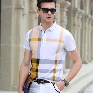 BRADFORD Design Collection Men's Fashion White Yellow Black Luxury Style Plaid Designer Polo Shirt