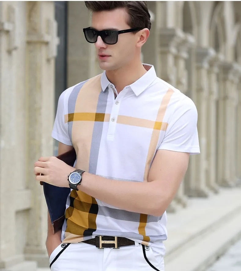 BRADFORD Design Collection Men's Fashion White Yellow Black Luxury Style Plaid Designer Polo Shirt