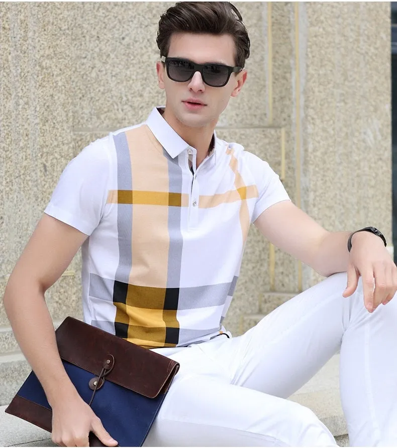 BRADFORD Design Collection Men's Fashion White Yellow Black Luxury Style Plaid Designer Polo Shirt