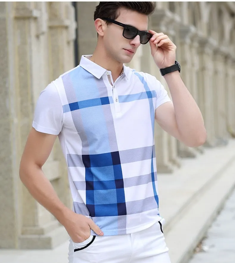 BRADFORD Design Collection Men's Fashion White Yellow Black Luxury Style Plaid Designer Polo Shirt