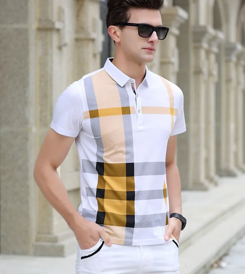 BRADFORD Design Collection Men's Fashion White Yellow Black Luxury Style Plaid Designer Polo Shirt