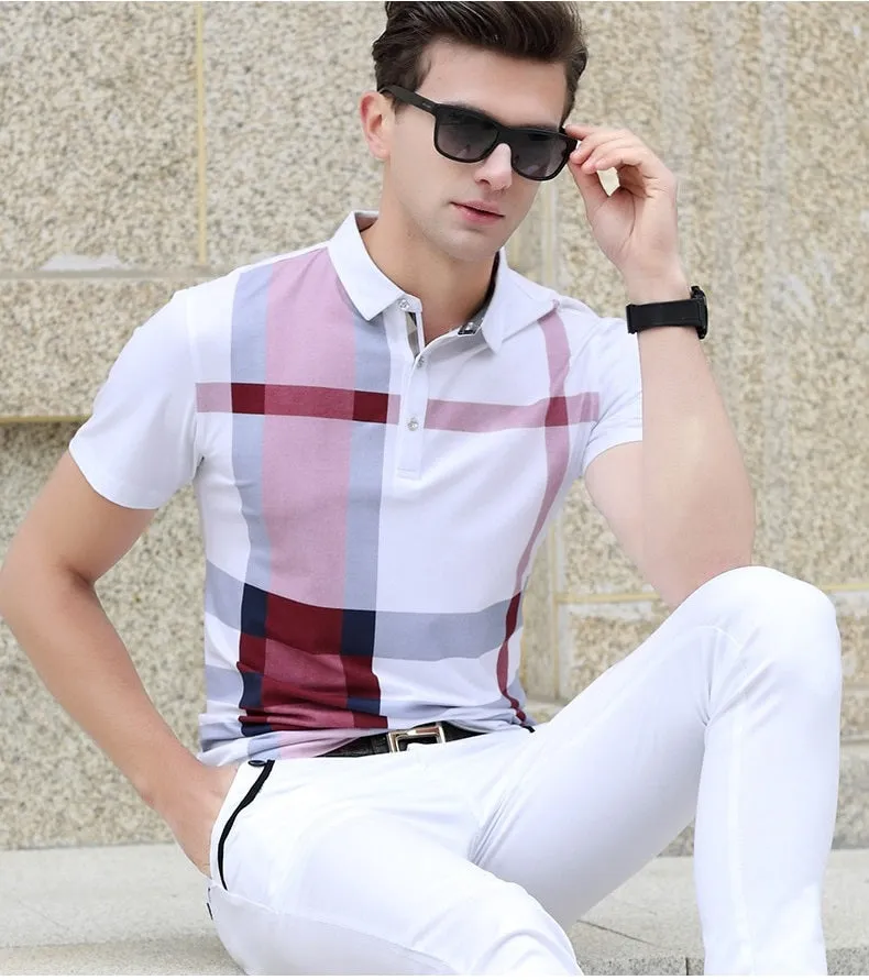 BRADFORD Design Collection Men's Fashion White Yellow Black Luxury Style Plaid Designer Polo Shirt
