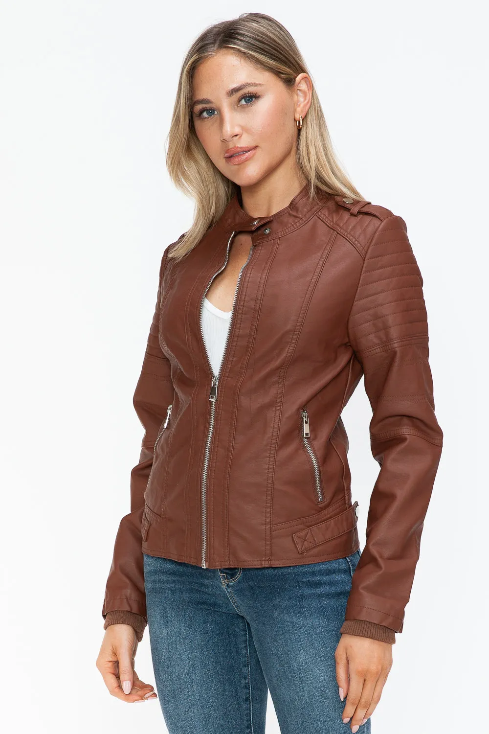 Brandy PU Leather Biker Jacket with Side Zip Pockets