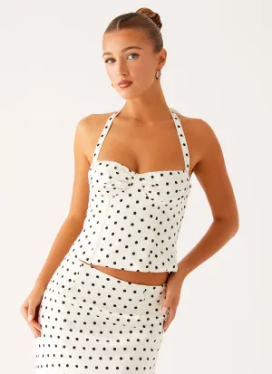 Breanne Top - White Polka Dot MoistureWicking Fabric Eco friendly materials
