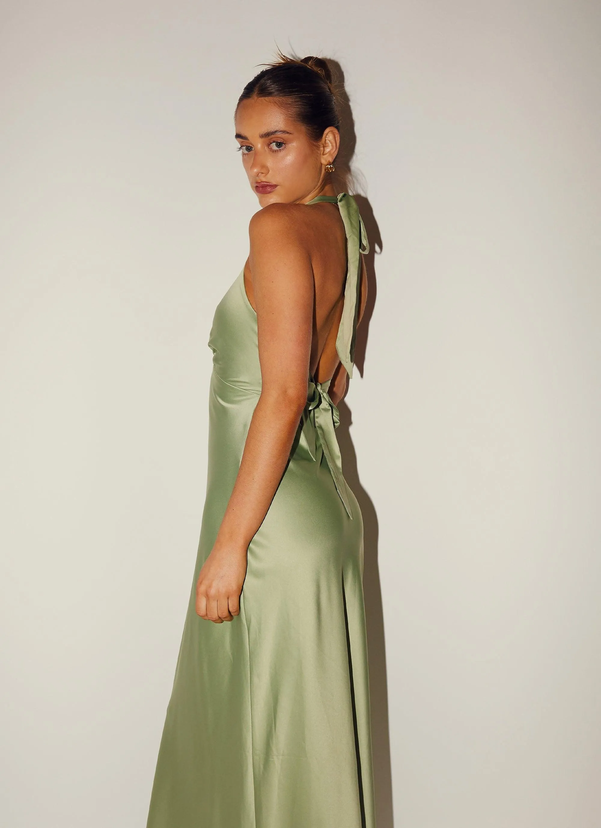 Flexible Knit Mature Elegance Heavy Hearted Satin Maxi Dress - Sage