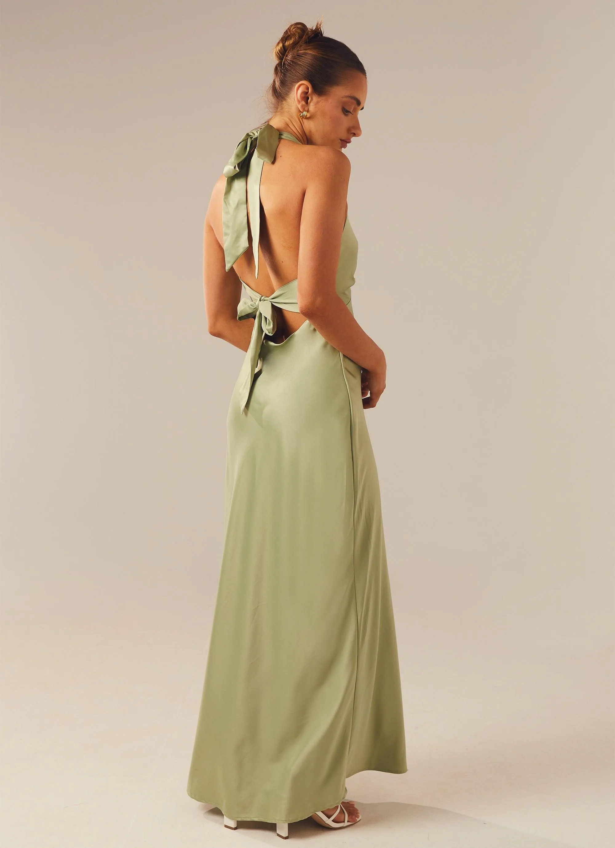 Heavy Hearted Satin Maxi Dress - Sage Mature Elegance Snug feel