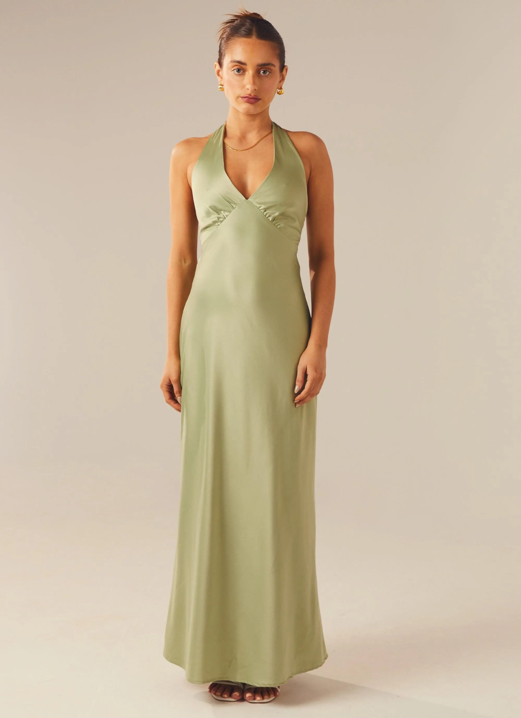 Casual Hangout Chic Look Heavy Hearted Satin Maxi Dress - Sage