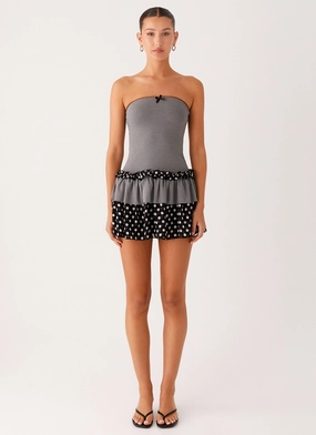 Yerin Strapless Frill Mini Dress - Grey Polkadot Sleek and Flattering