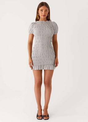 Millicent Ruched Mini Dress - Grey Check Cool Form