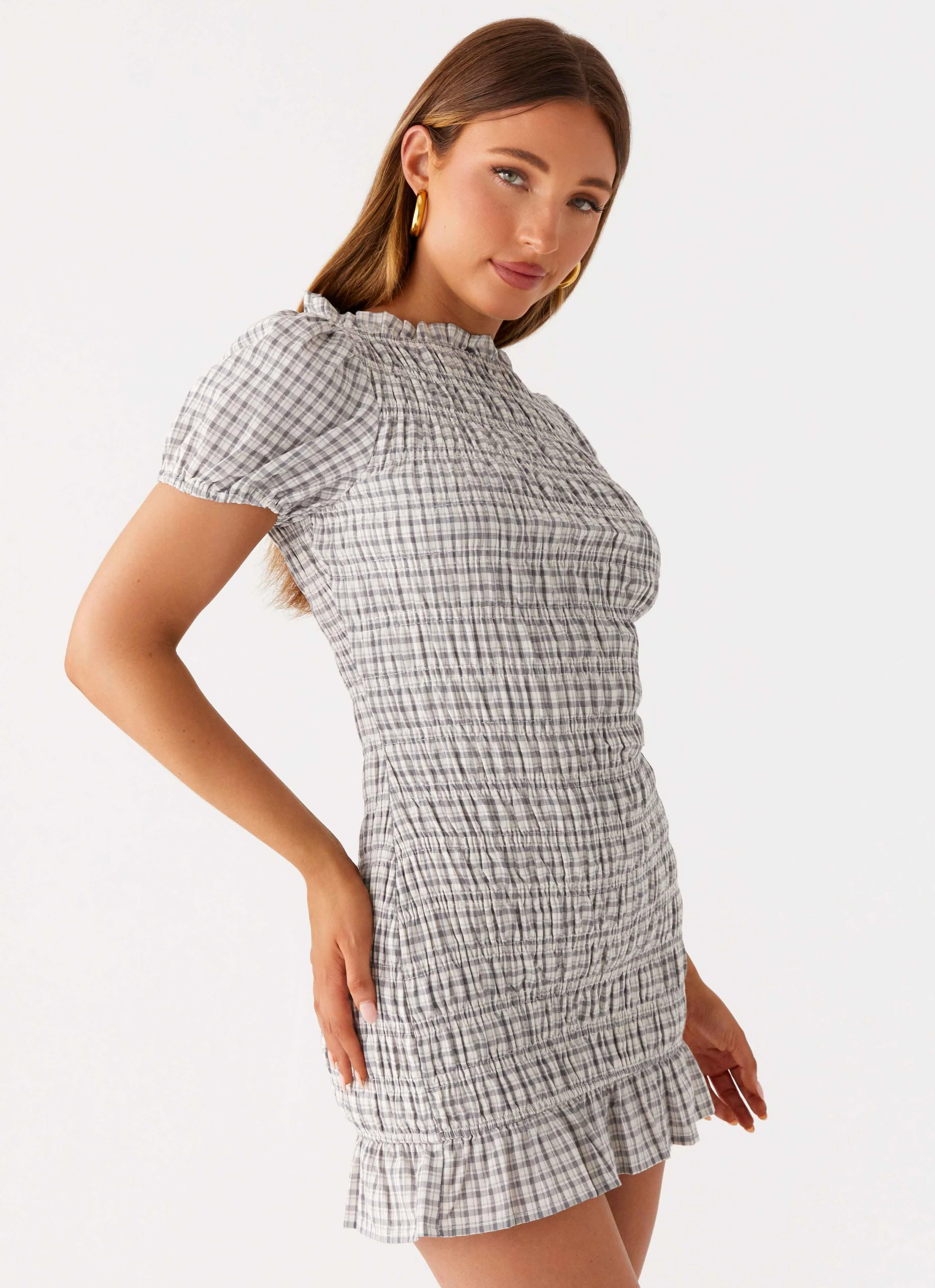 Millicent Ruched Mini Dress - Grey Check Ruched-Detail Effortless Wear