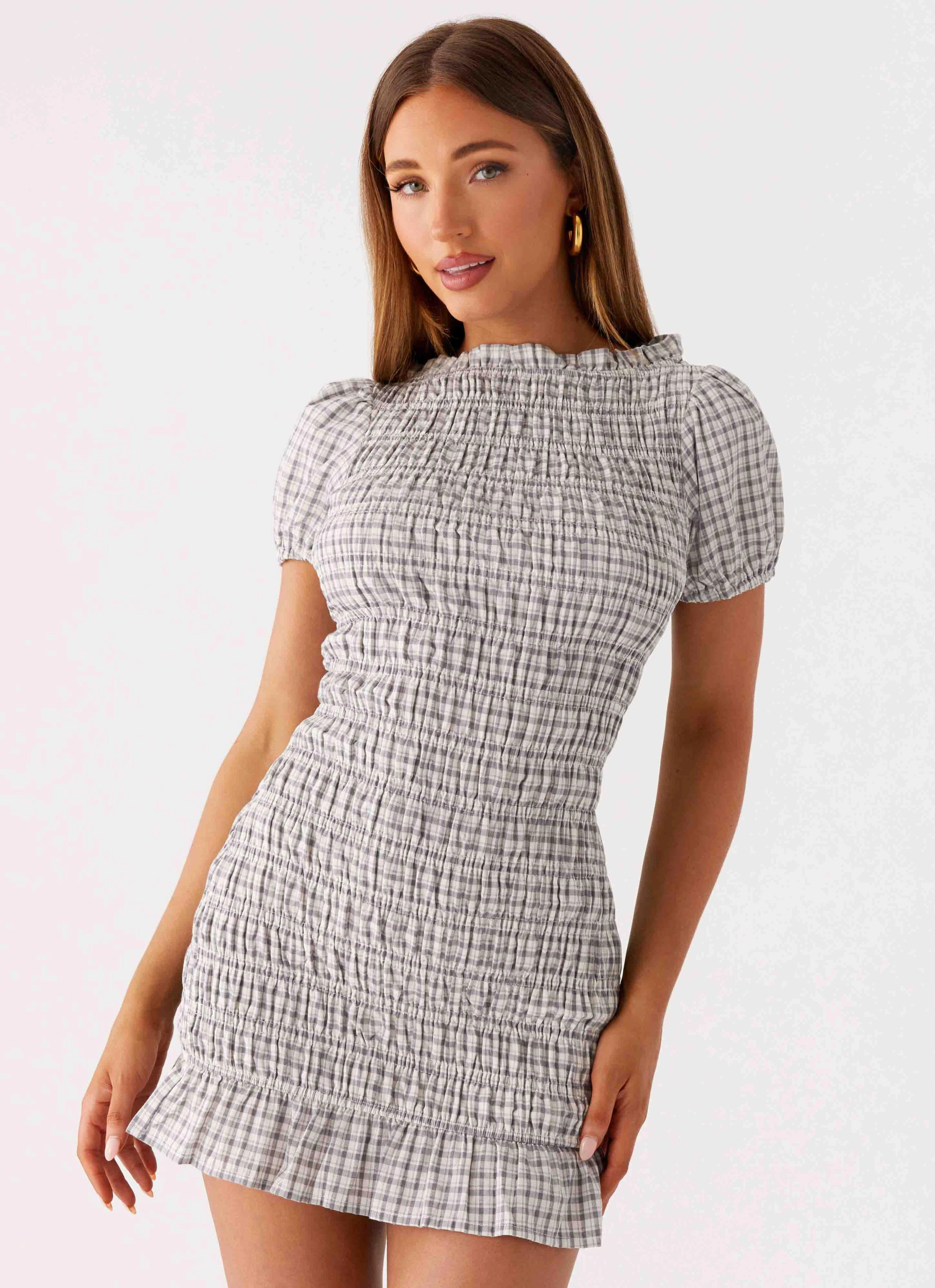 Eye Appeal Basic Fashion Millicent Ruched Mini Dress - Grey Check