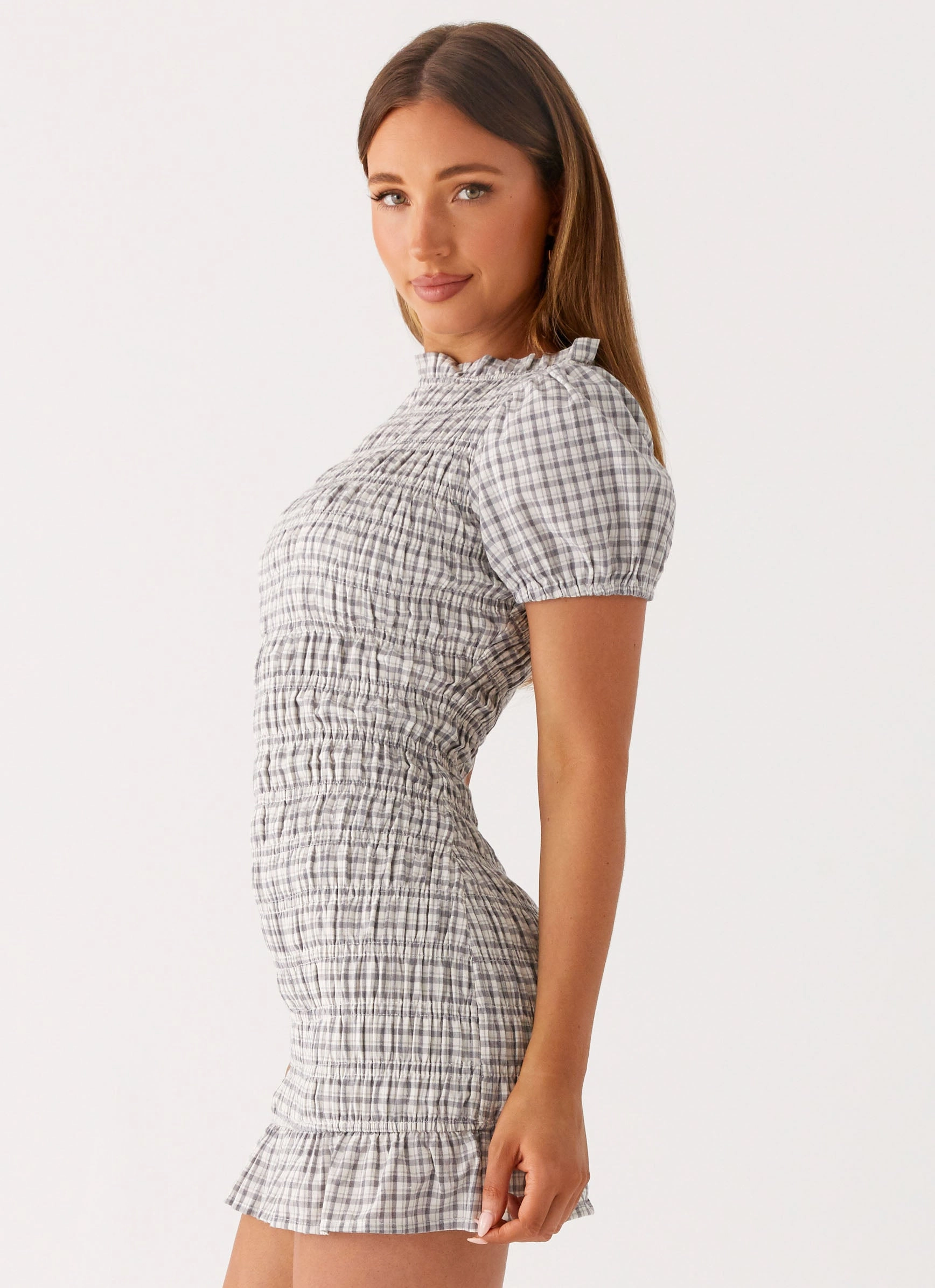 Millicent Ruched Mini Dress - Grey Check Lightweight warm-weather dress High Hemline