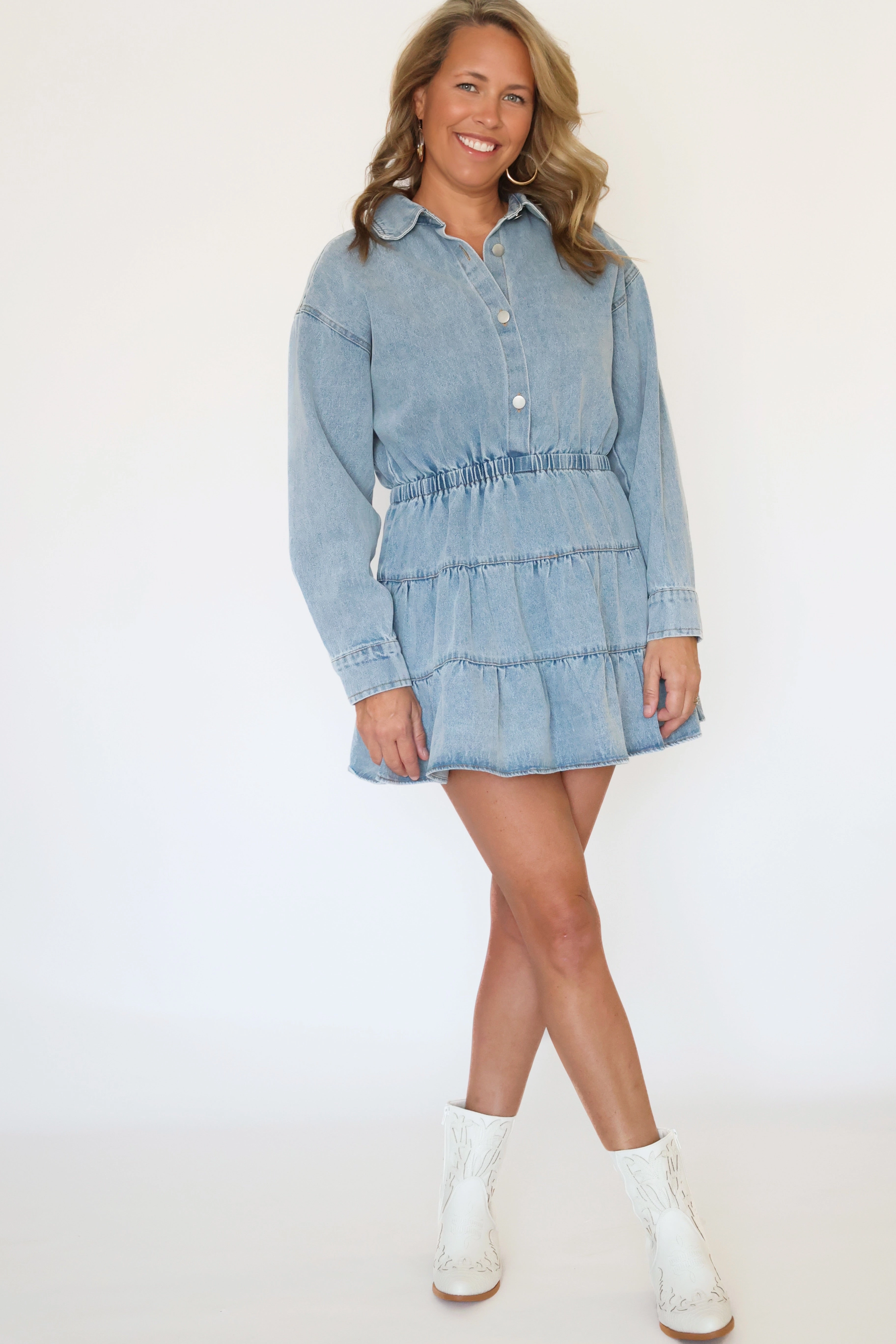 Charlie Denim Dress Ergonomic Shoulder Cut Subtle Texture Weave