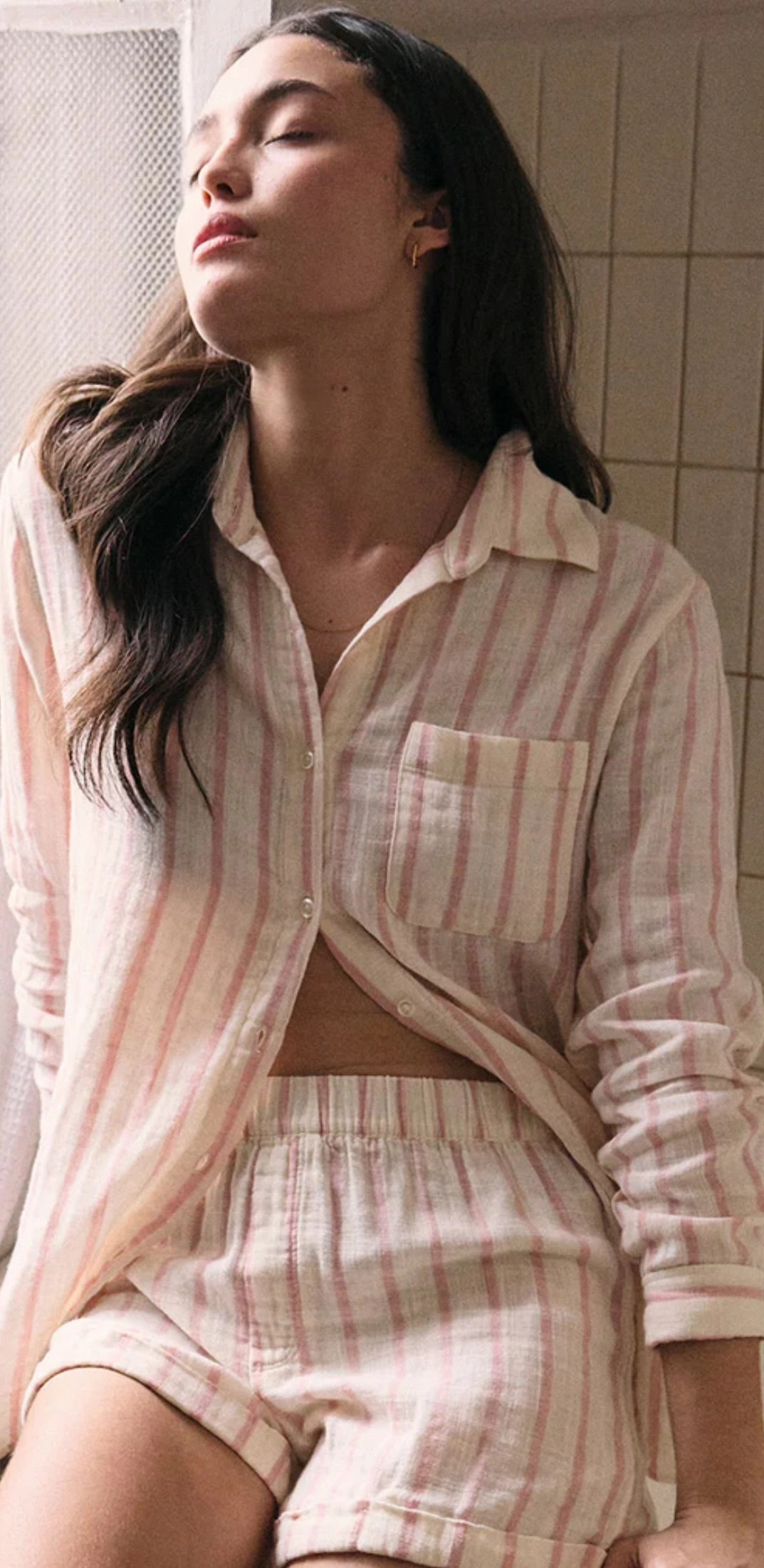 Morning Stripe Short - Bone (FINAL SALE) Compression Fit DoubleLayered Collar