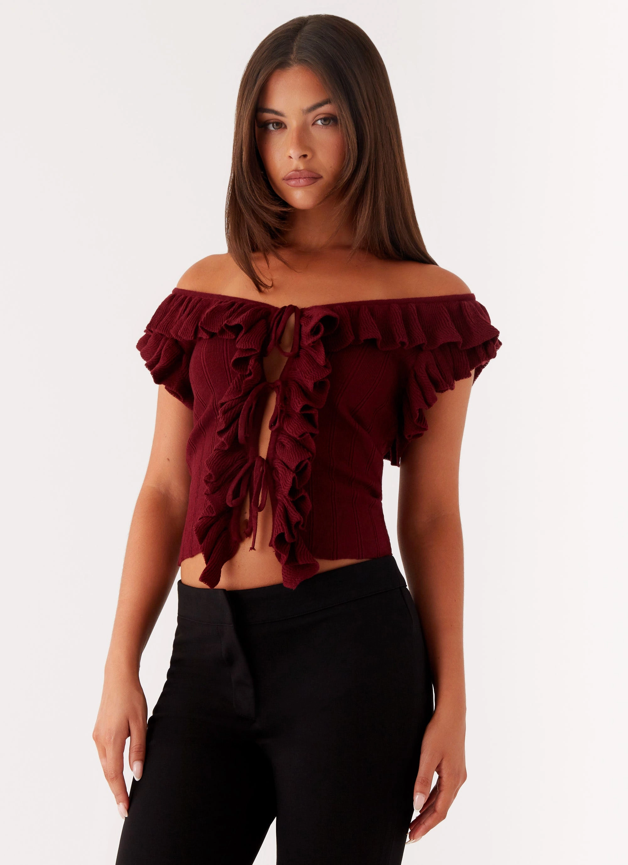 Keeta Frill Top - Burgundy Tagless Neckline