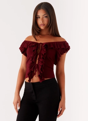 BreathableMeshPanel Keeta Frill Top - Burgundy Comfortable clothing Keeta Frill Top - Burgundy