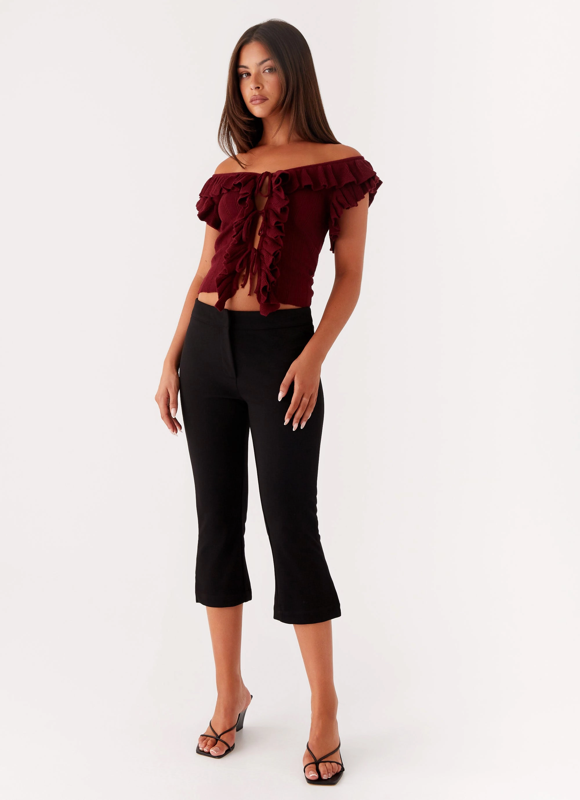 LightReflective WrinkleFree Fabric Keeta Frill Top - Burgundy