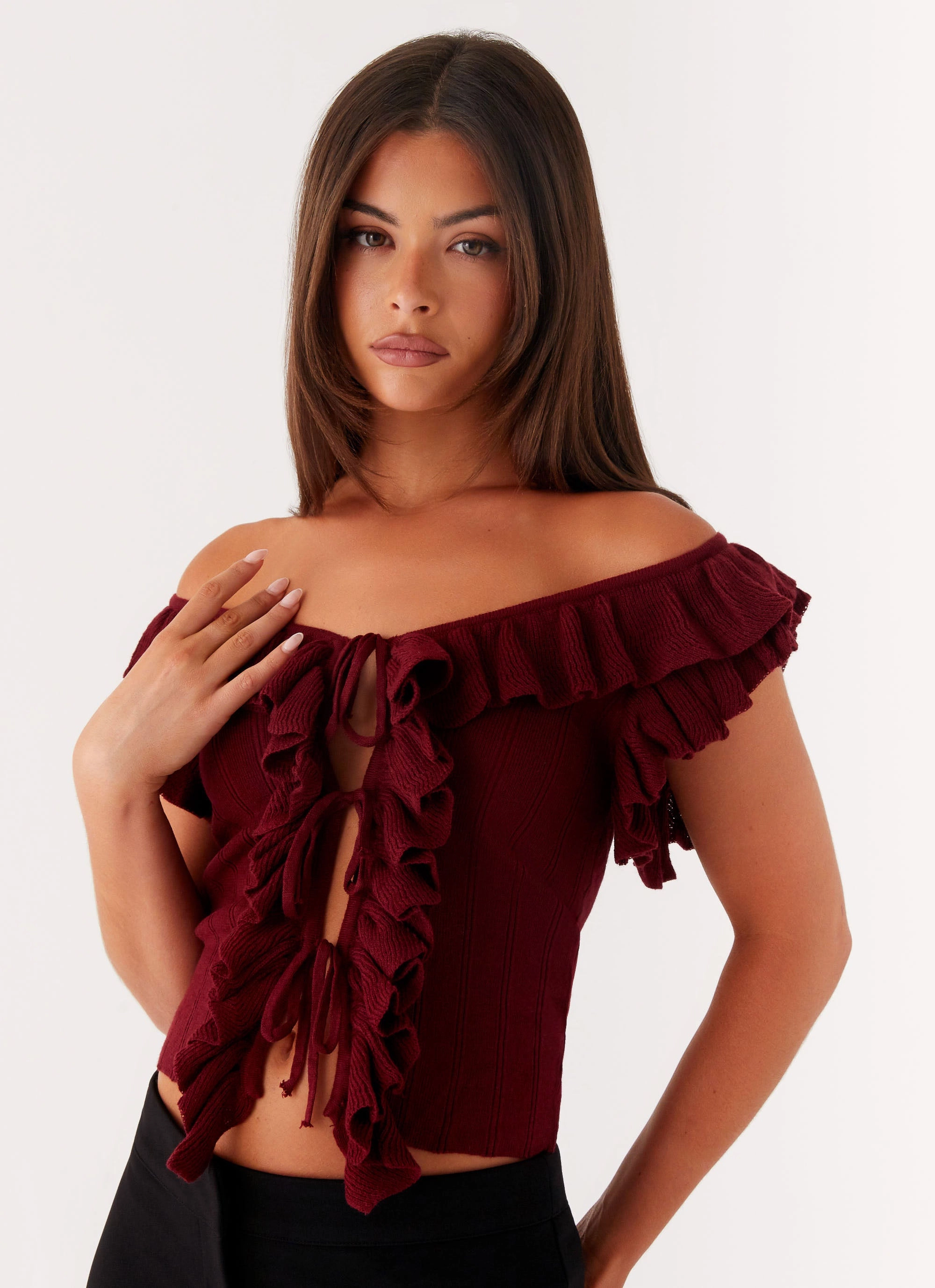 Weighted Hem Design Keeta Frill Top - Burgundy