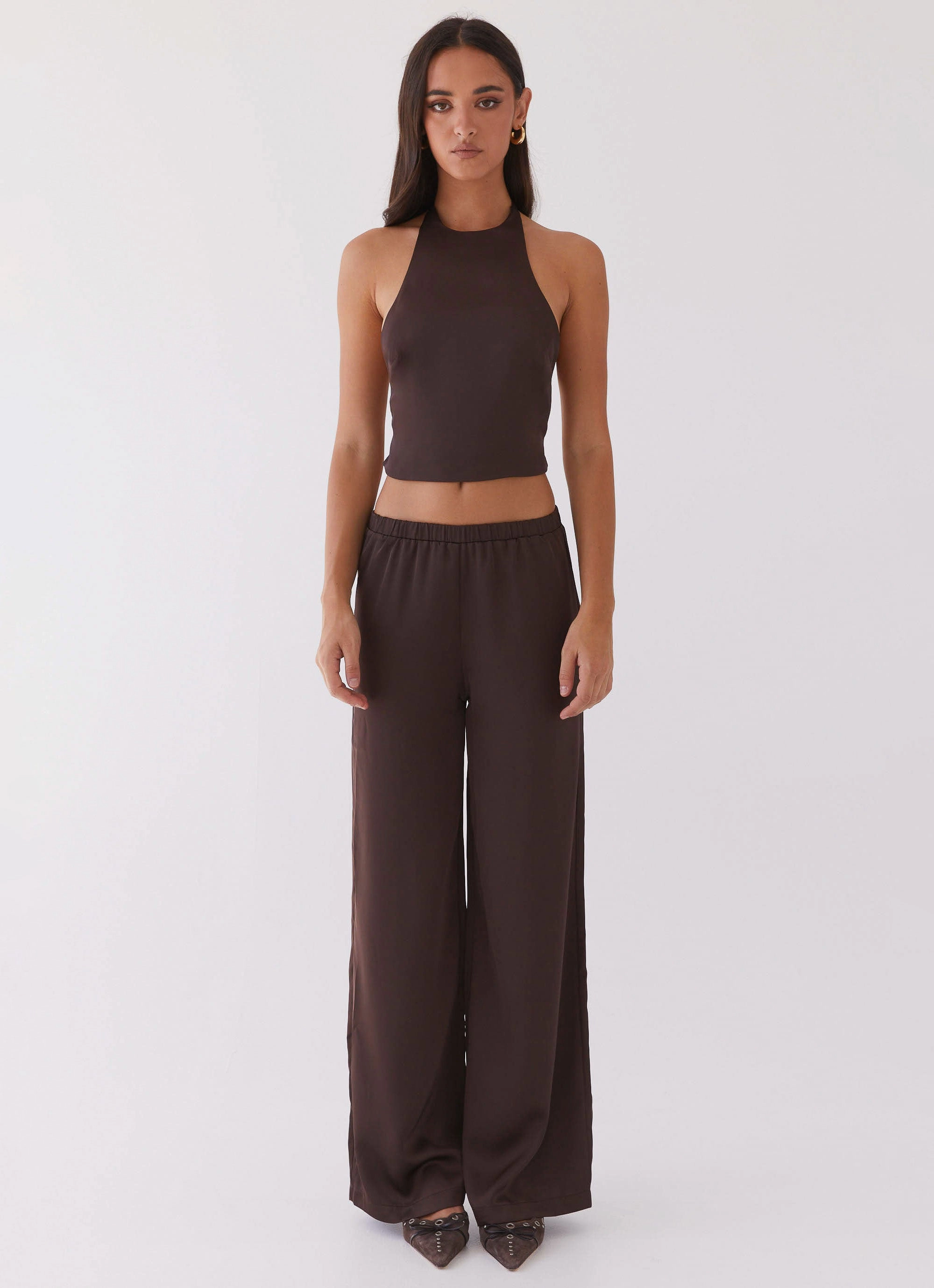 Simple Dress Bree Satin Halterneck Top - Brown