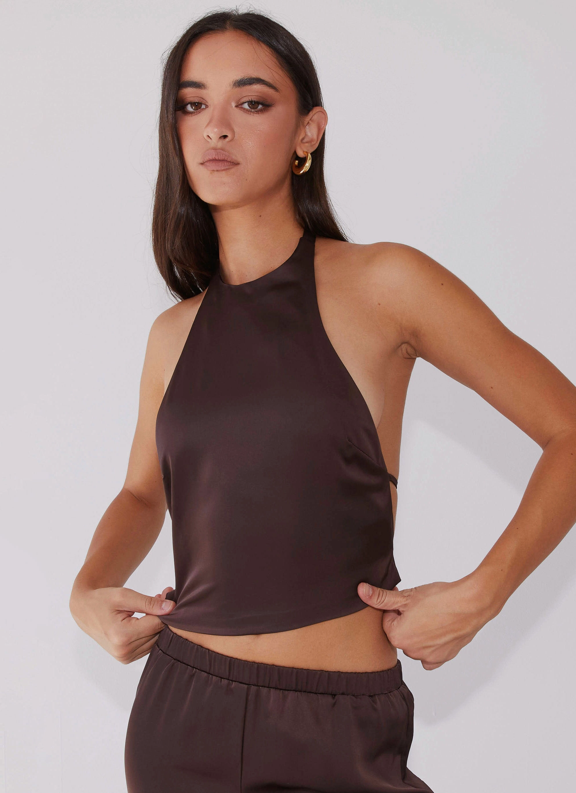 Ribbed Neckline Bree Satin Halterneck Top - Brown
