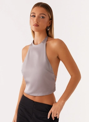 Bree Satin Halterneck Top - Grey Antibacterial Finish Bree Satin Halterneck Top - Grey Loose cut