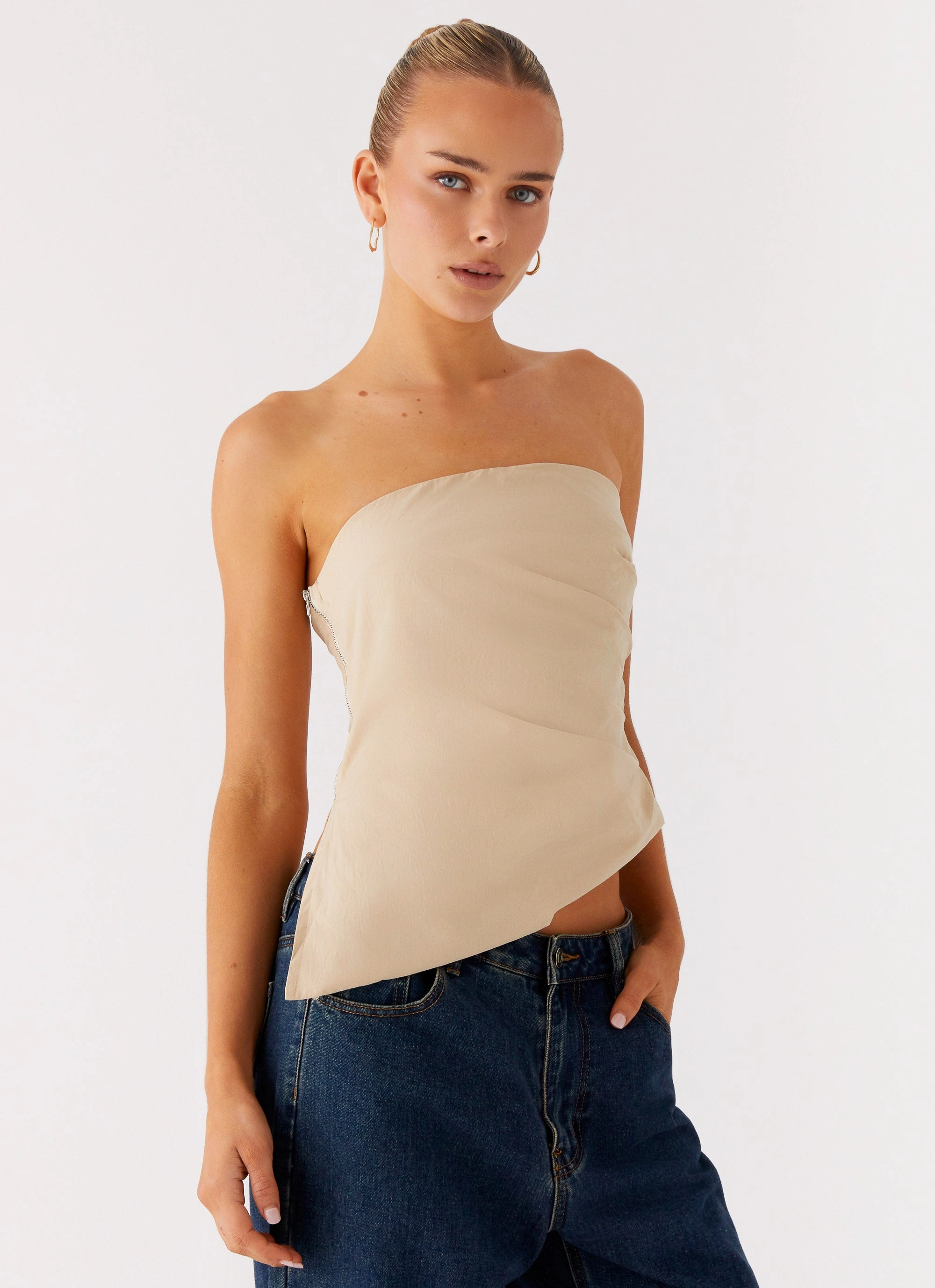 Ribbed Hem Ultra Soft Texture Briana Strapless Top - Tan