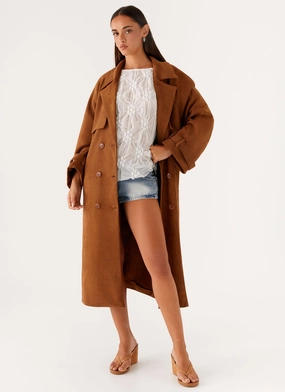 Bridie Faux Suede Trench Coat - Brown ReinforcedKneePatches Magnetic Closure Recycled Polyester Blend Bridie Faux Suede Trench Coat - Brown