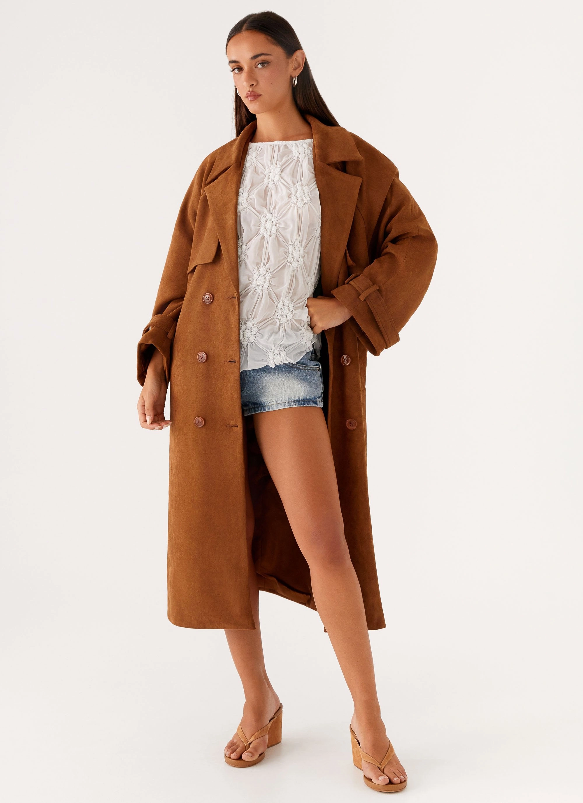 Magnetic Closure Recycled Polyester Blend Bridie Faux Suede Trench Coat - Brown