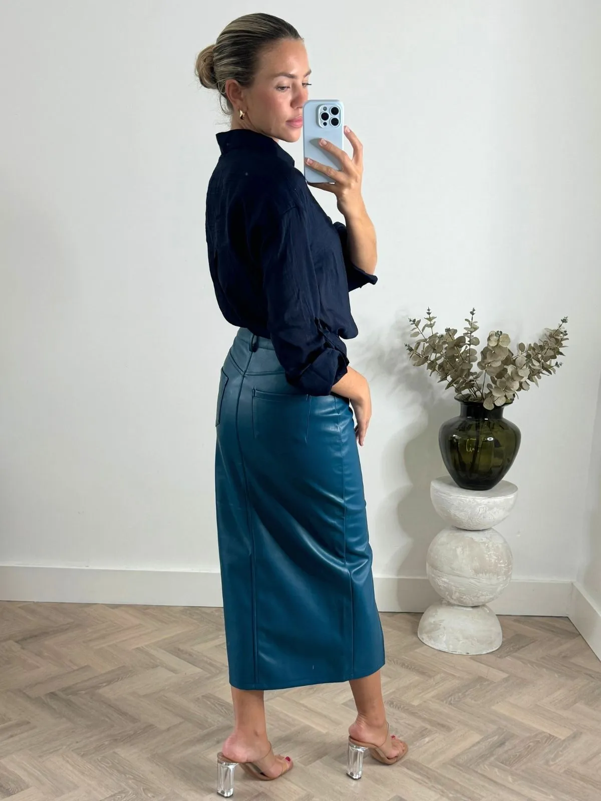 Linen Cotton Mix Brielle Pu Midi Skirt in Teal