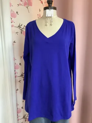 Bright Blue Curvy V-Neck Long Sleeve Top T-Shirt Curvy