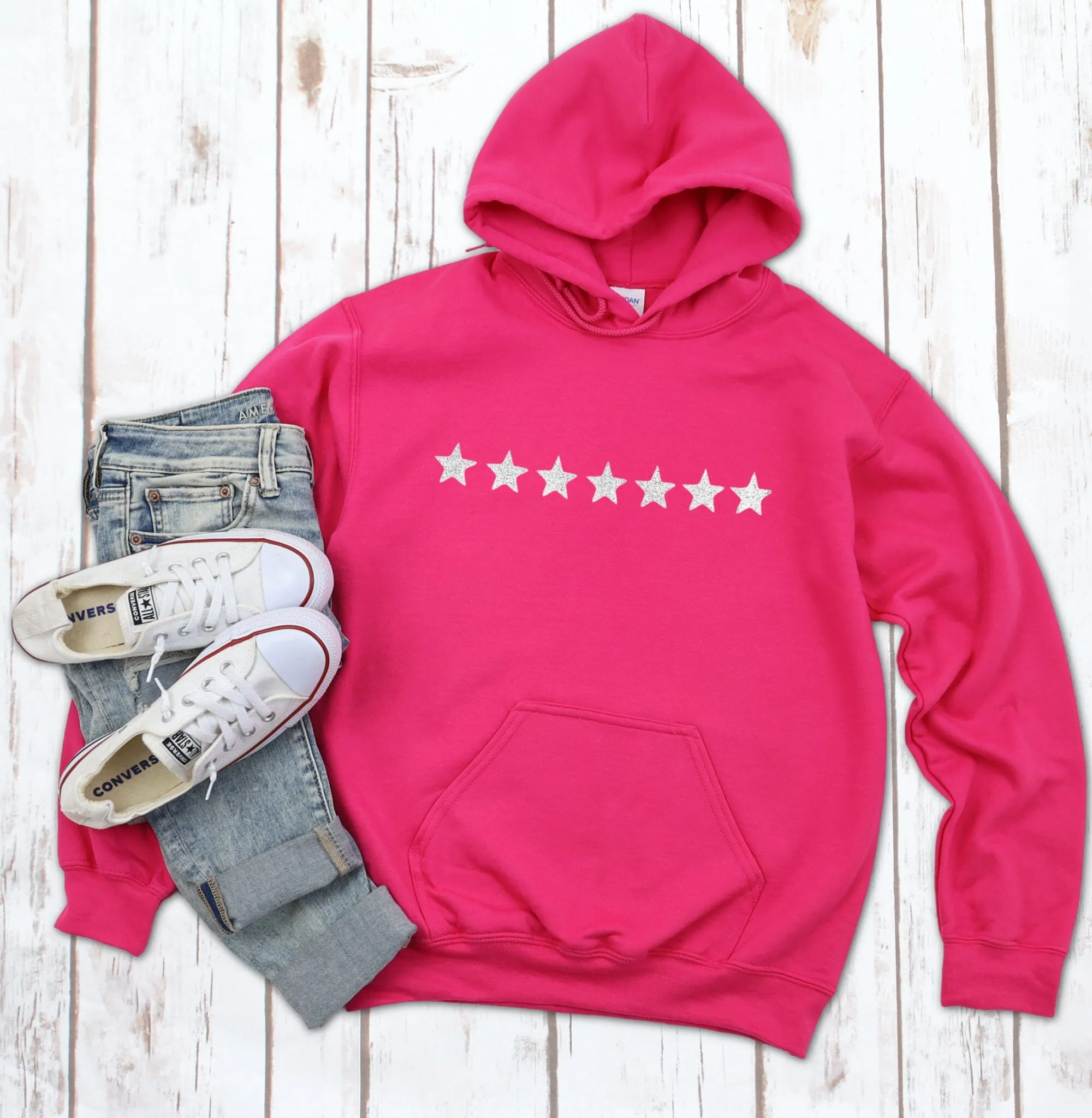 Bright Pink Silver Mini Stars Hooded Sweatshirt