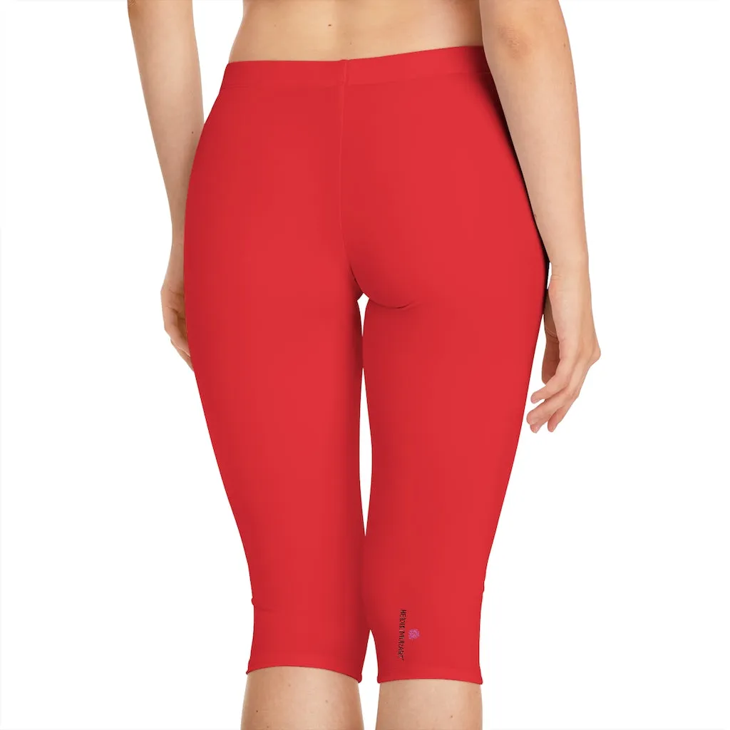 Bright Red Women's Capri Leggings, Knee-Length Polyester Capris Tights-Made in USA (US Size: XS-2XL)