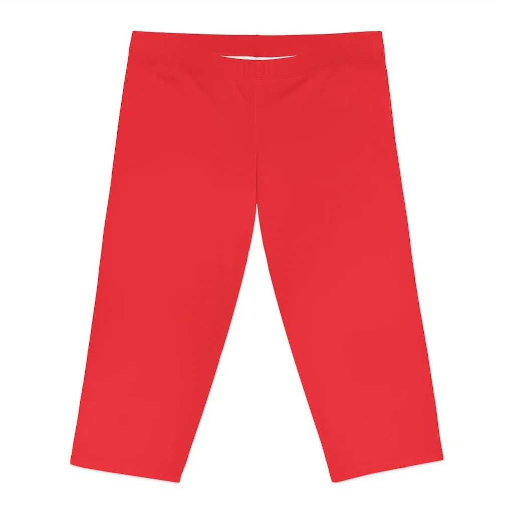 Bright Red Women's Capri Leggings, Knee-Length Polyester Capris Tights-Made in USA (US Size: XS-2XL)