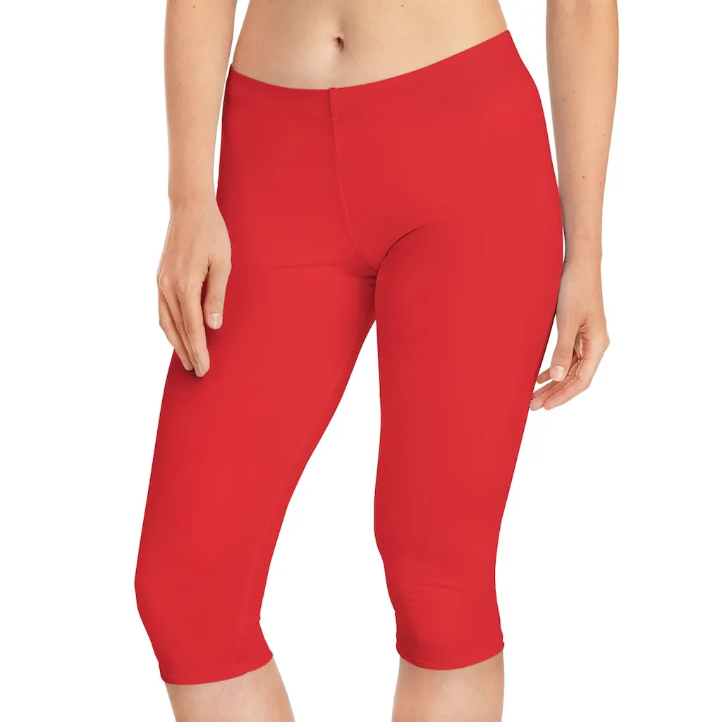 Bright Red Women's Capri Leggings, Knee-Length Polyester Capris Tights-Made in USA (US Size: XS-2XL)