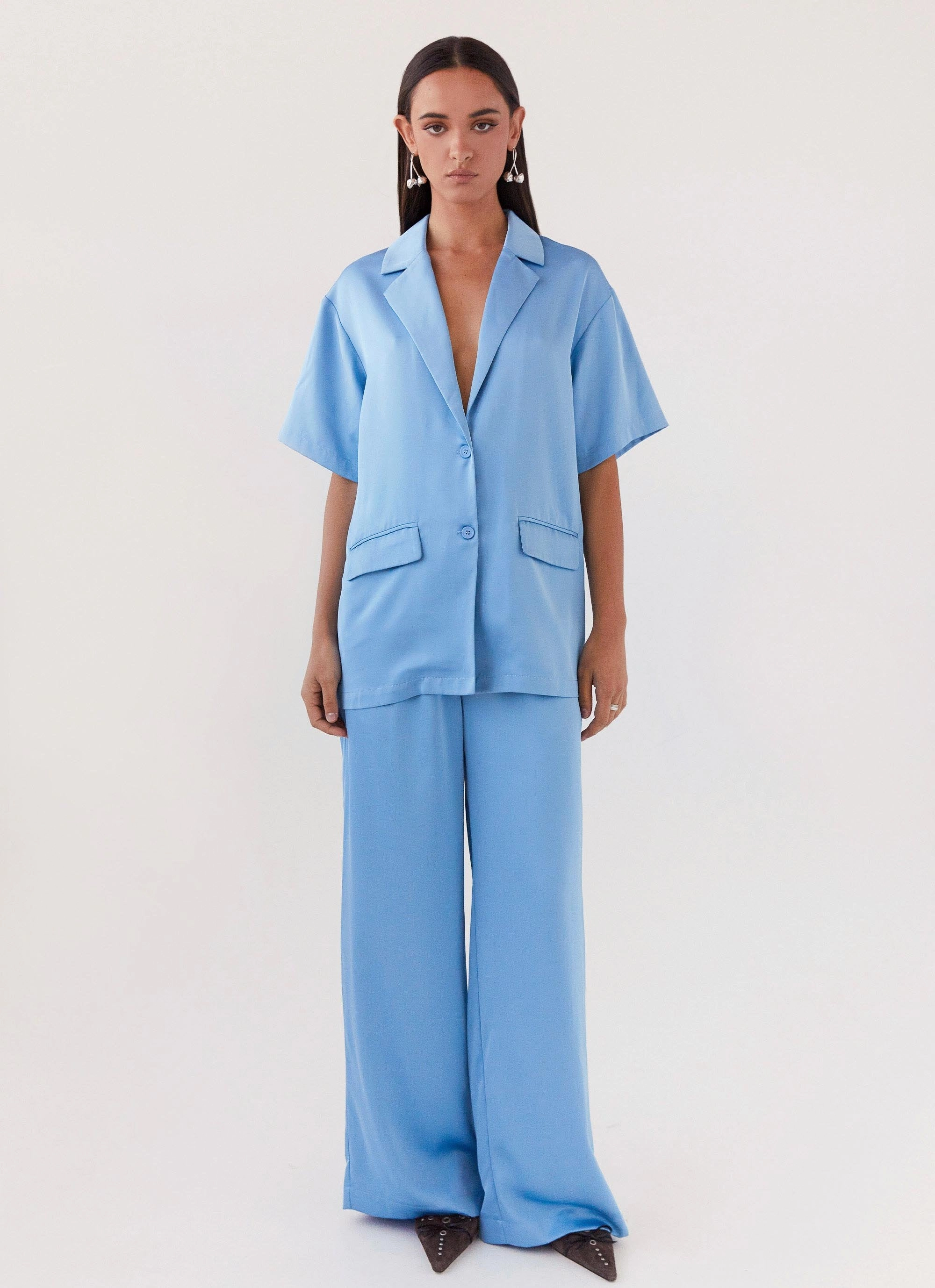 Brinkley Oversized Satin Shirt - Sky Blue Thick Fabric Flexible Shoulder Design