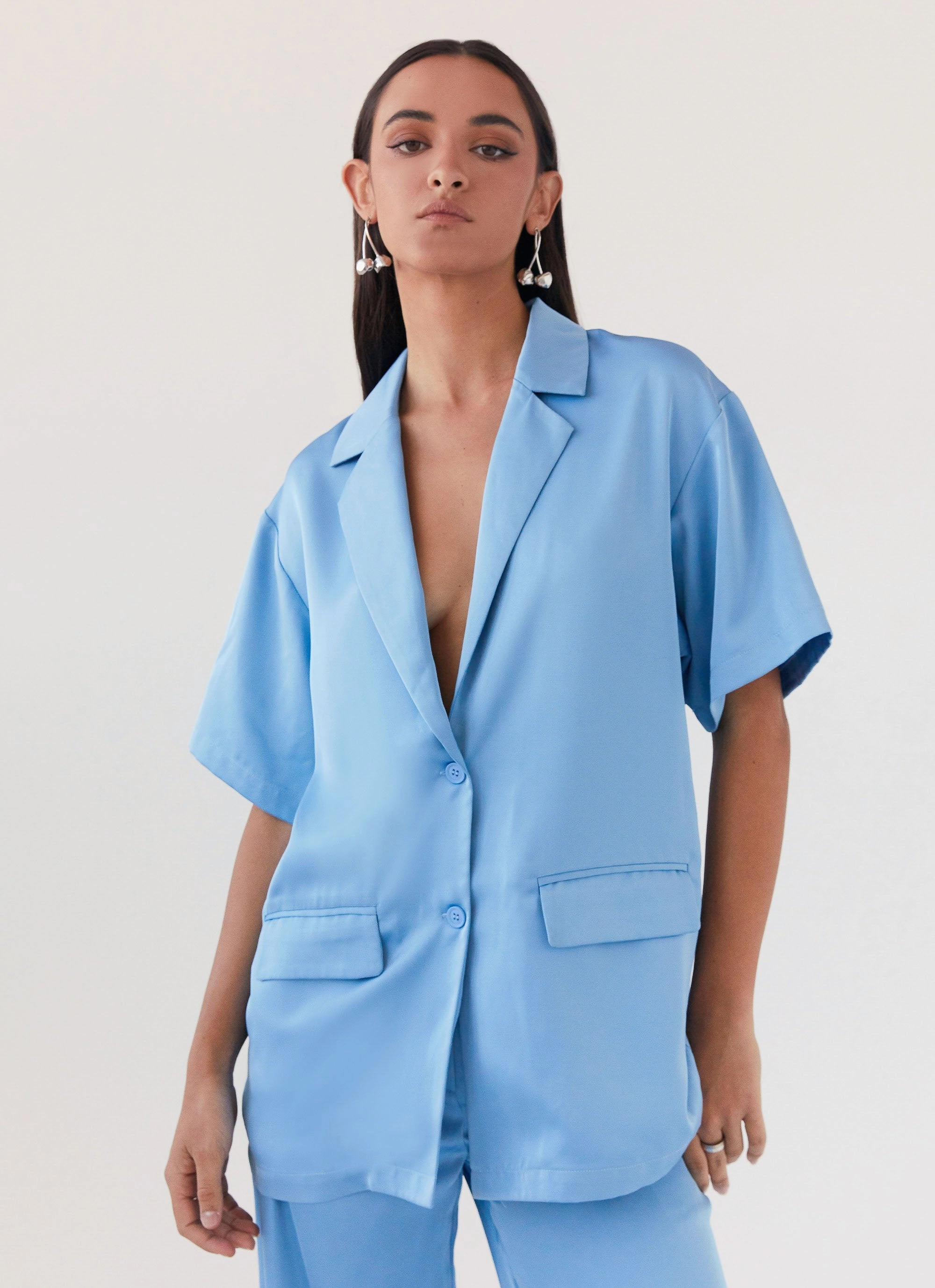 Non Restrictive Mobility Contoured Back Panel Brinkley Oversized Satin Shirt - Sky Blue