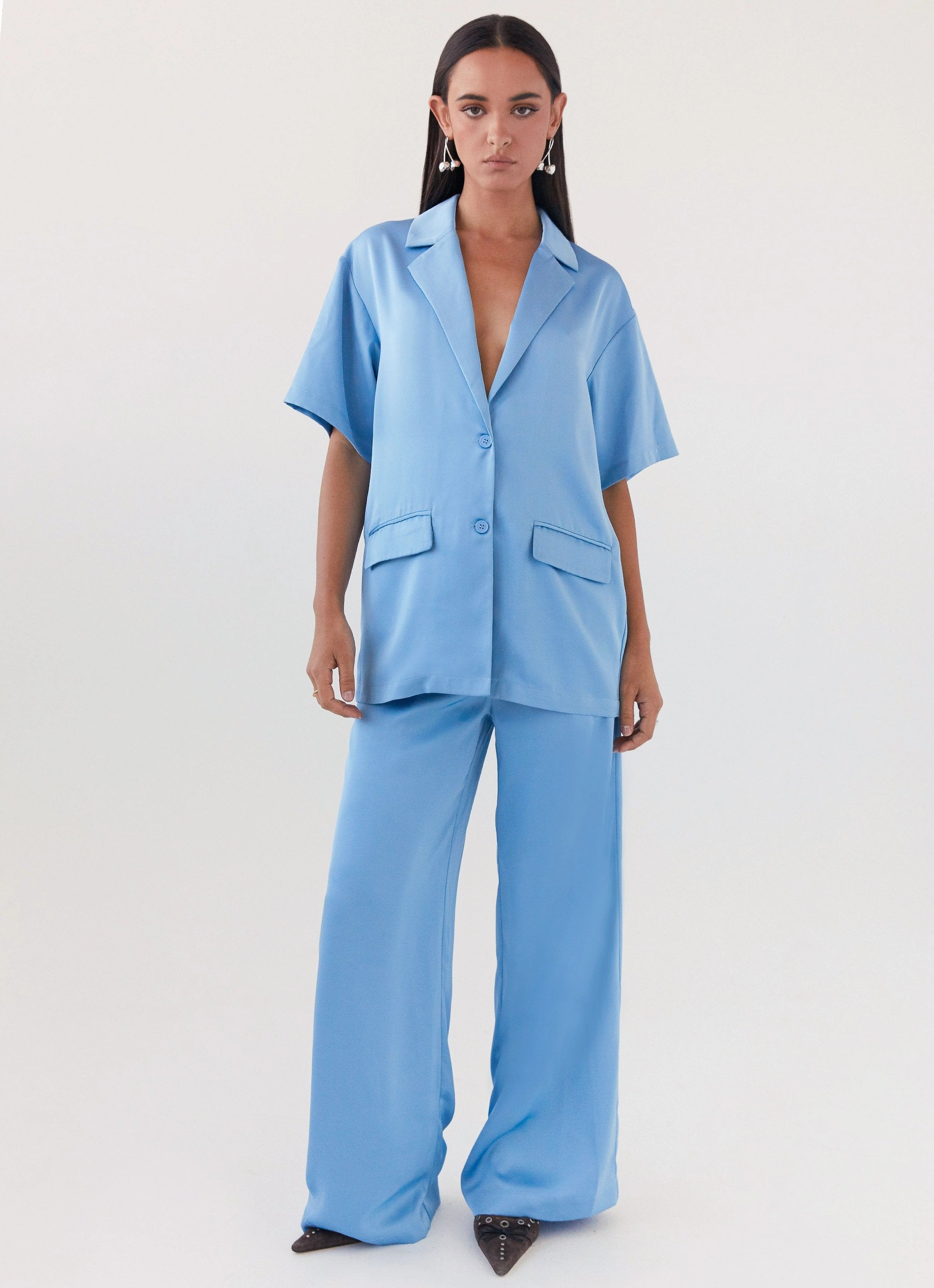 Airflow Ventilation System All Year Use Brinkley Oversized Satin Shirt - Sky Blue
