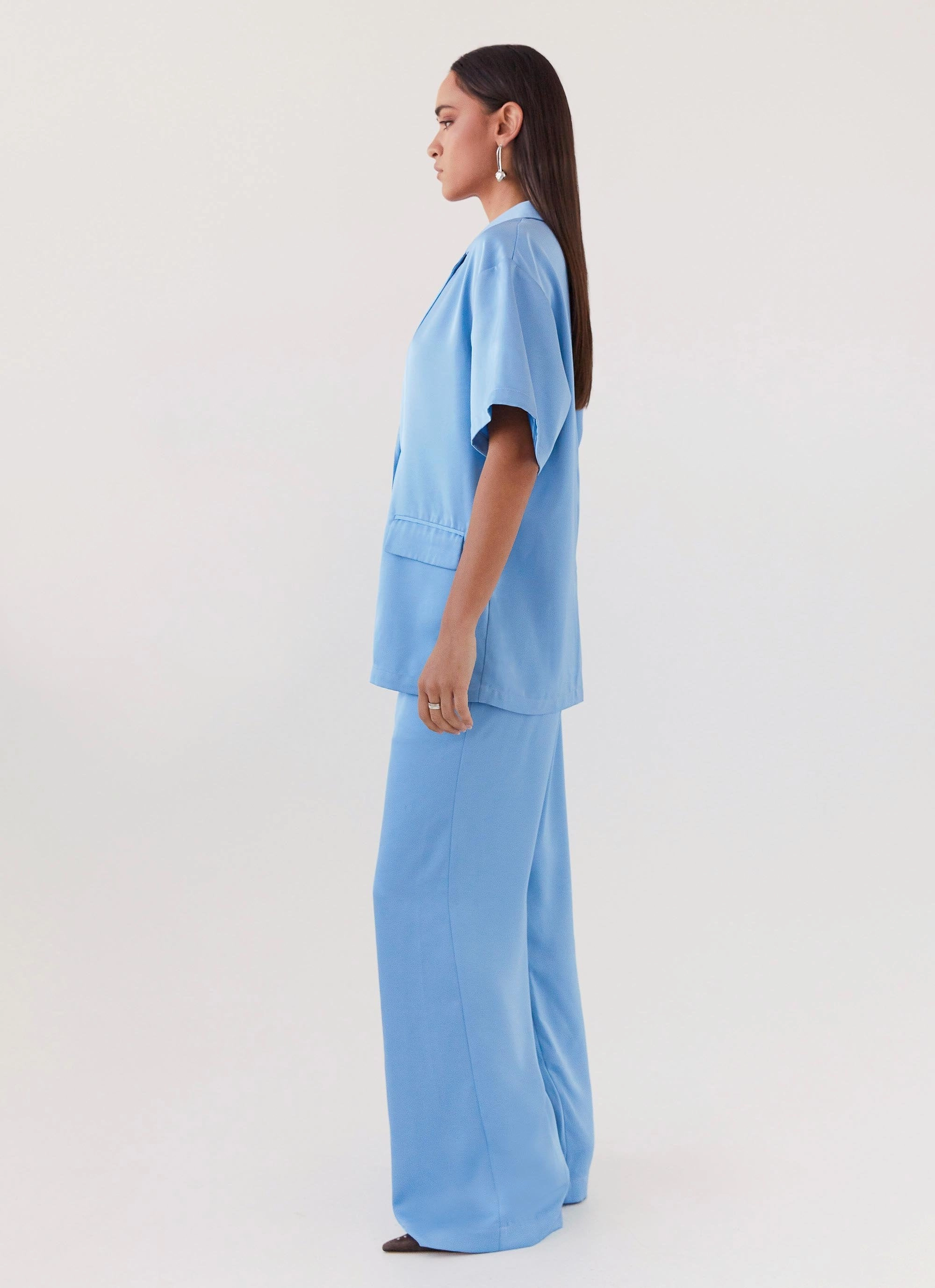 Brinkley Oversized Satin Shirt - Sky Blue Ergonomic Shoulder Fit Double Stitch Seams