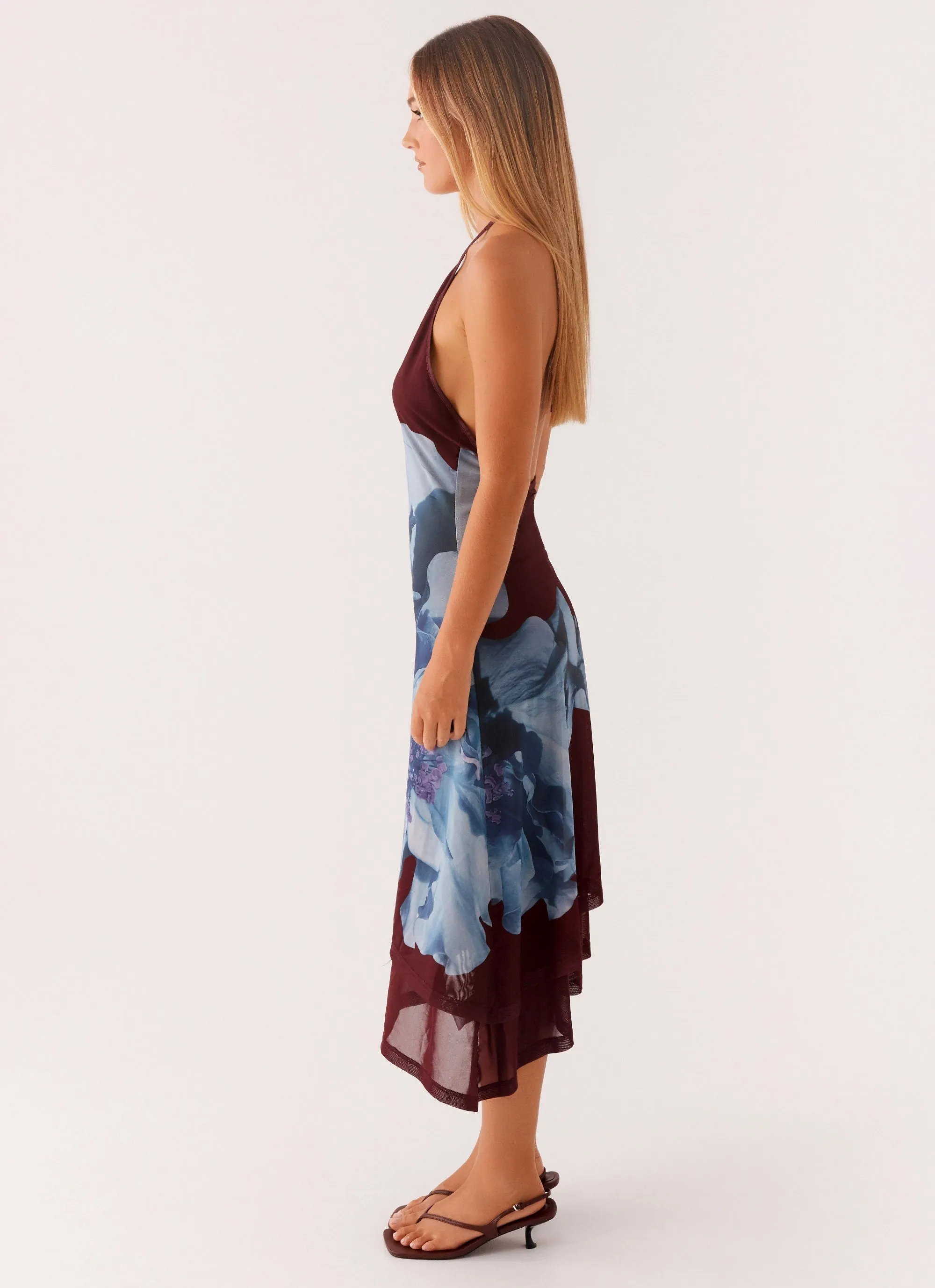 Brinley Halterneck Midi Dress - Maroon Print Comfortable Wear