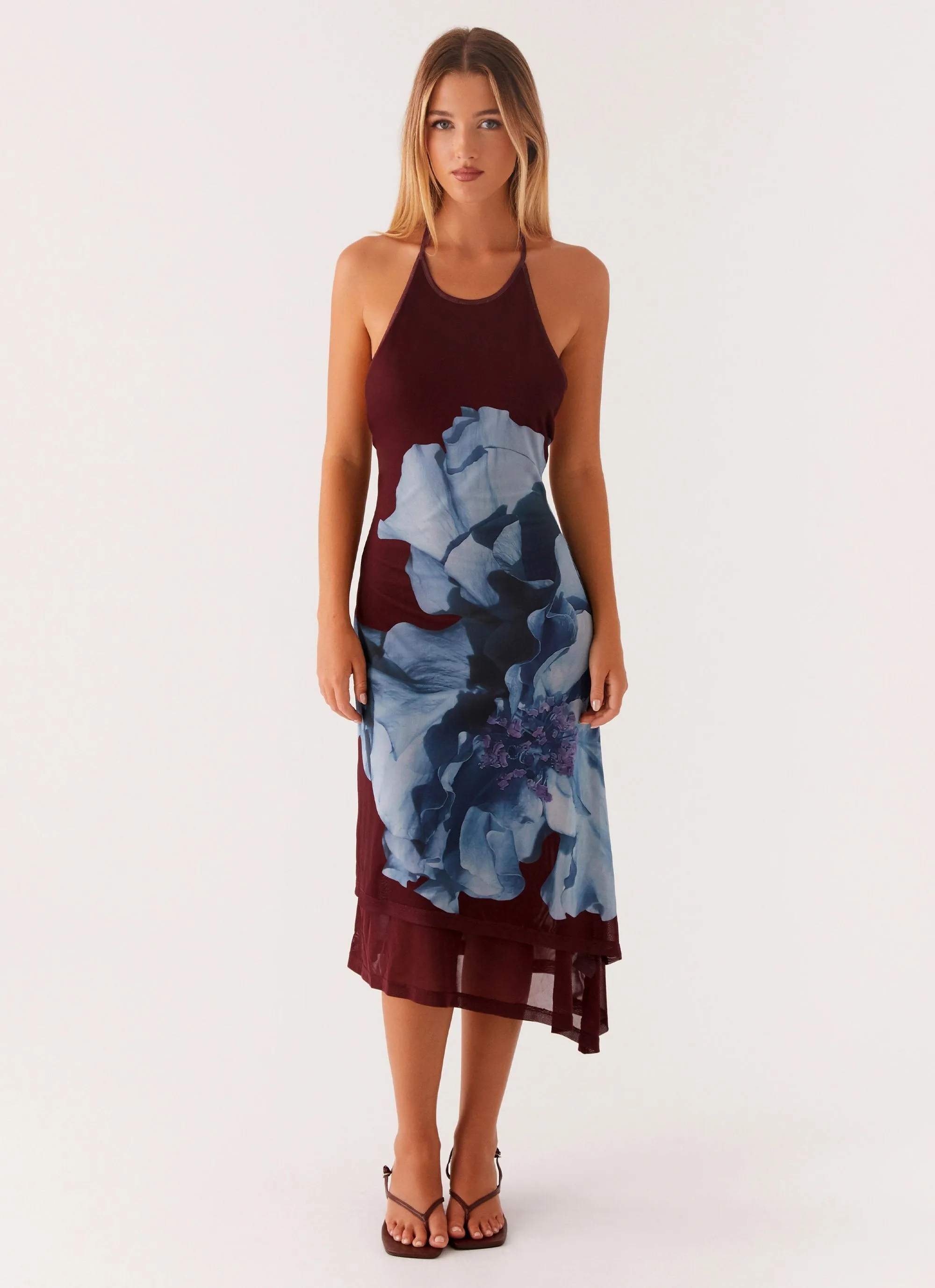 Versatile Layering Piece Brinley Halterneck Midi Dress - Maroon Print