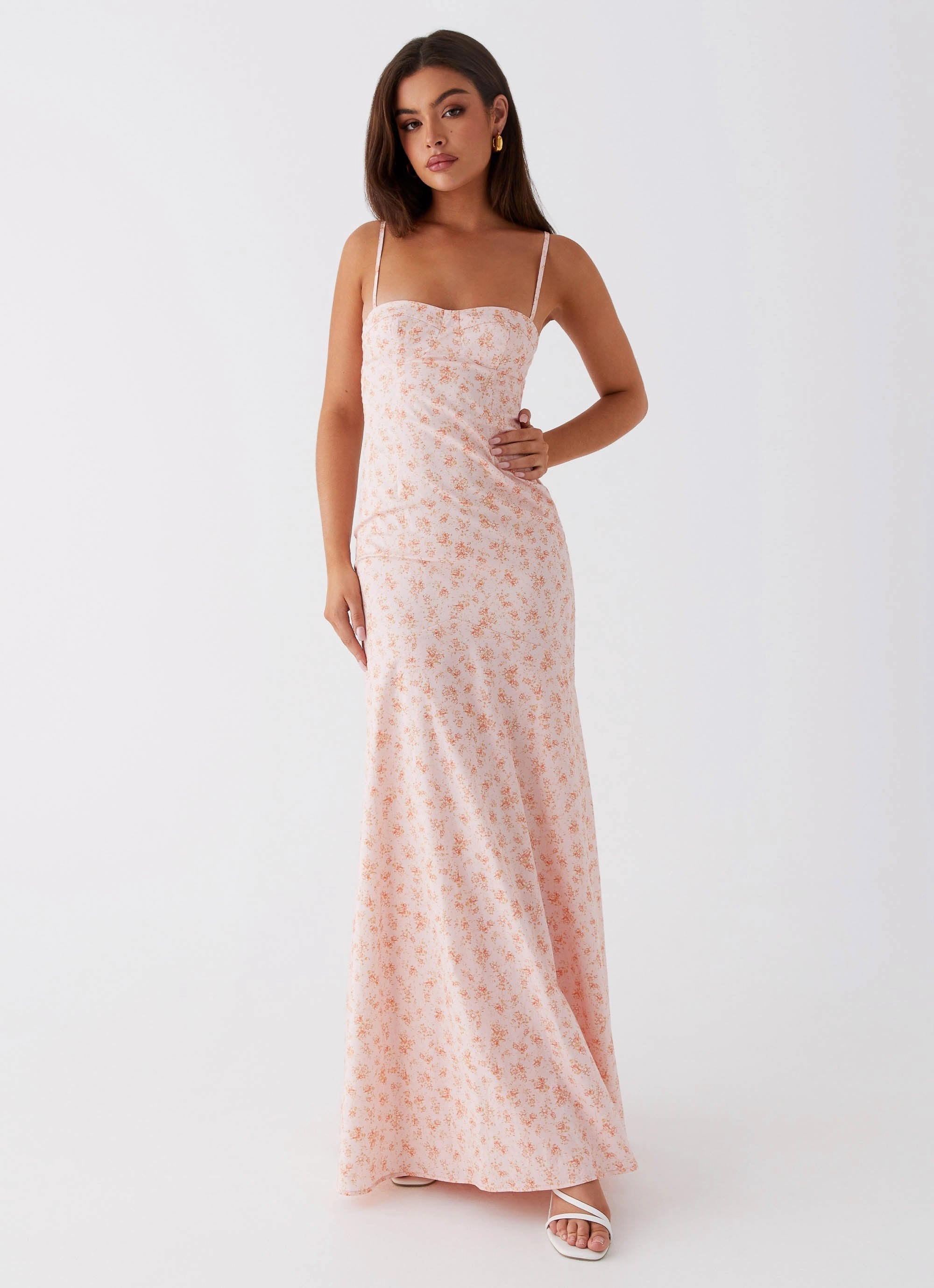 Britney Maxi Dress - Pink Ditsy Floral Gemstone-Detail