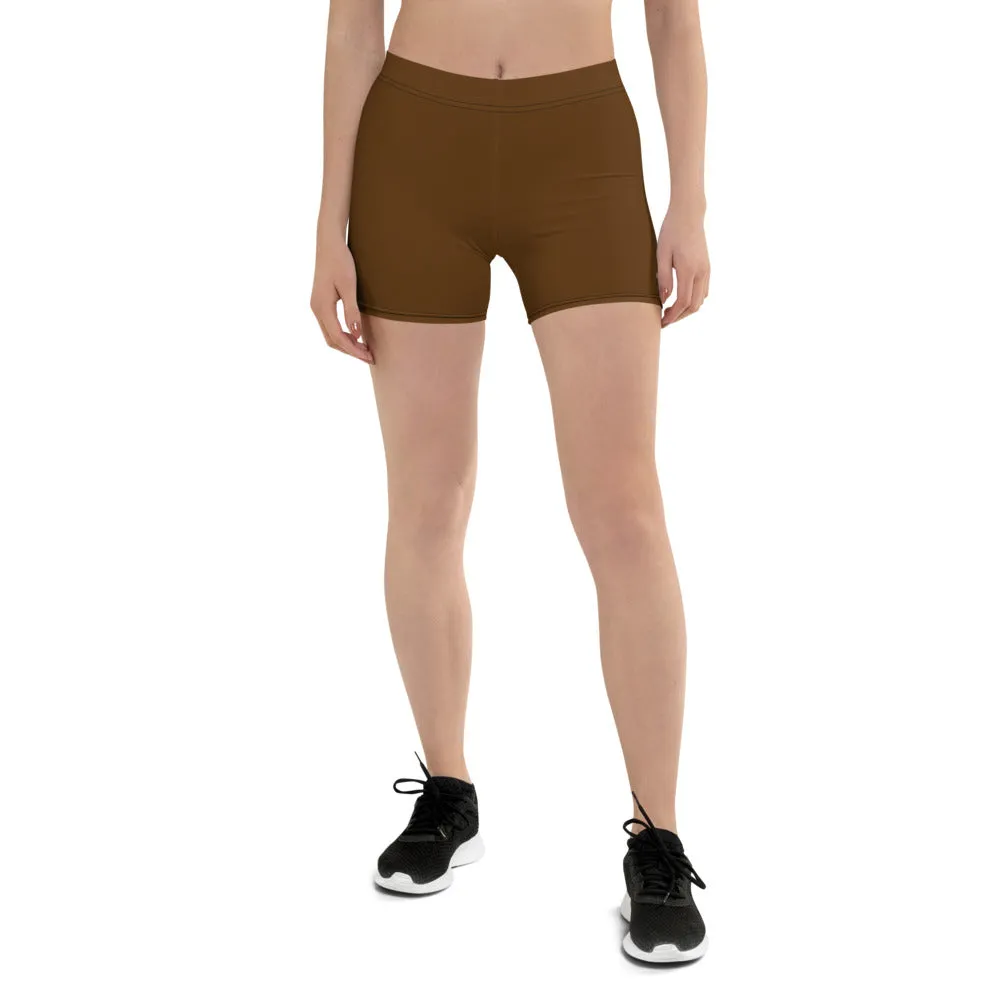 Brown Solid Color Women's Shorts, Earth Brown Designer Gym Tights For Ladies-Made in USA/EU