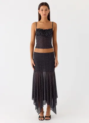 Double Stitched Buffy Maxi Skirt - Black Polkadot