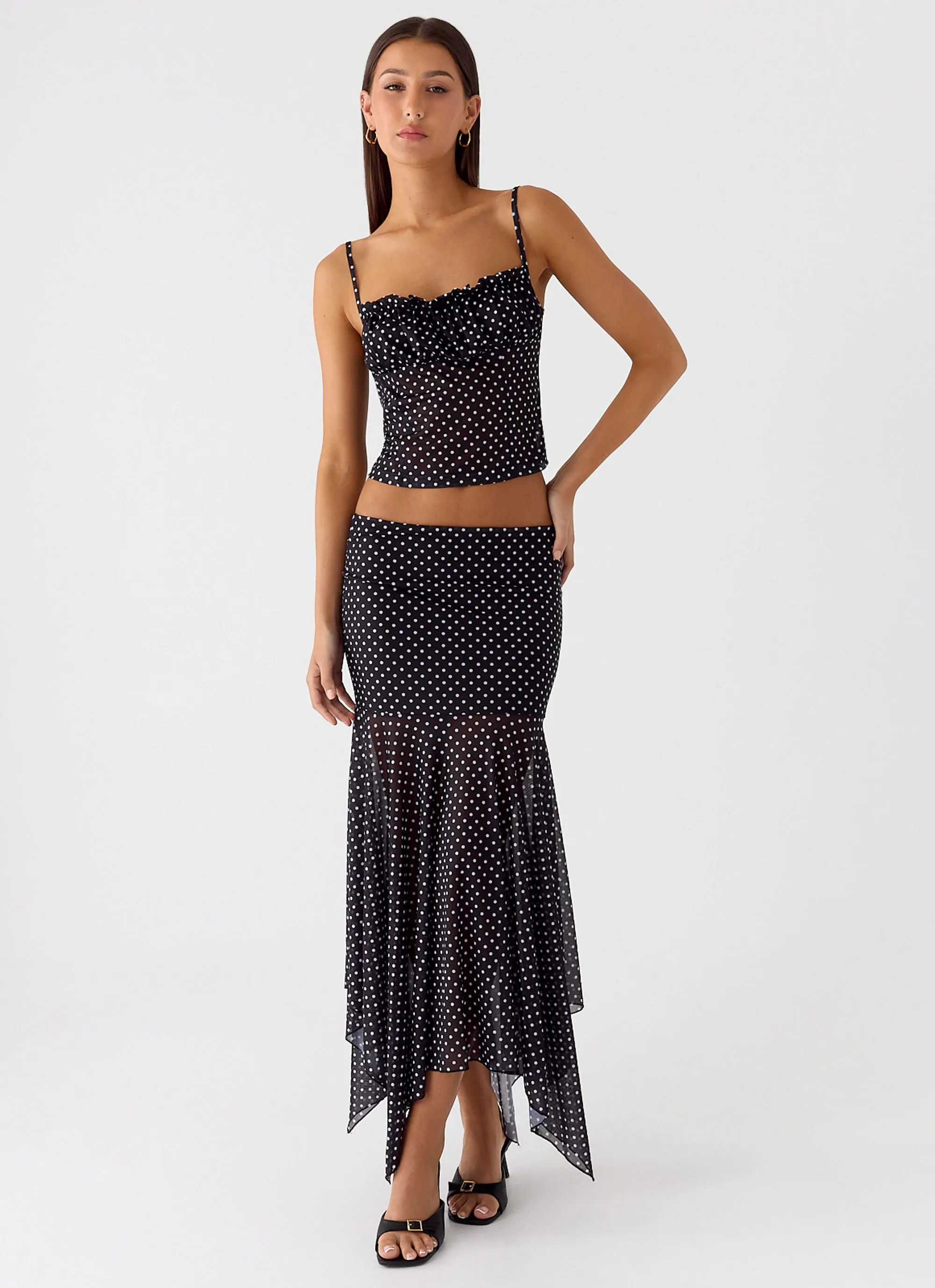 Effortless Feel Elevated Casual Buffy Maxi Skirt - Black Polkadot