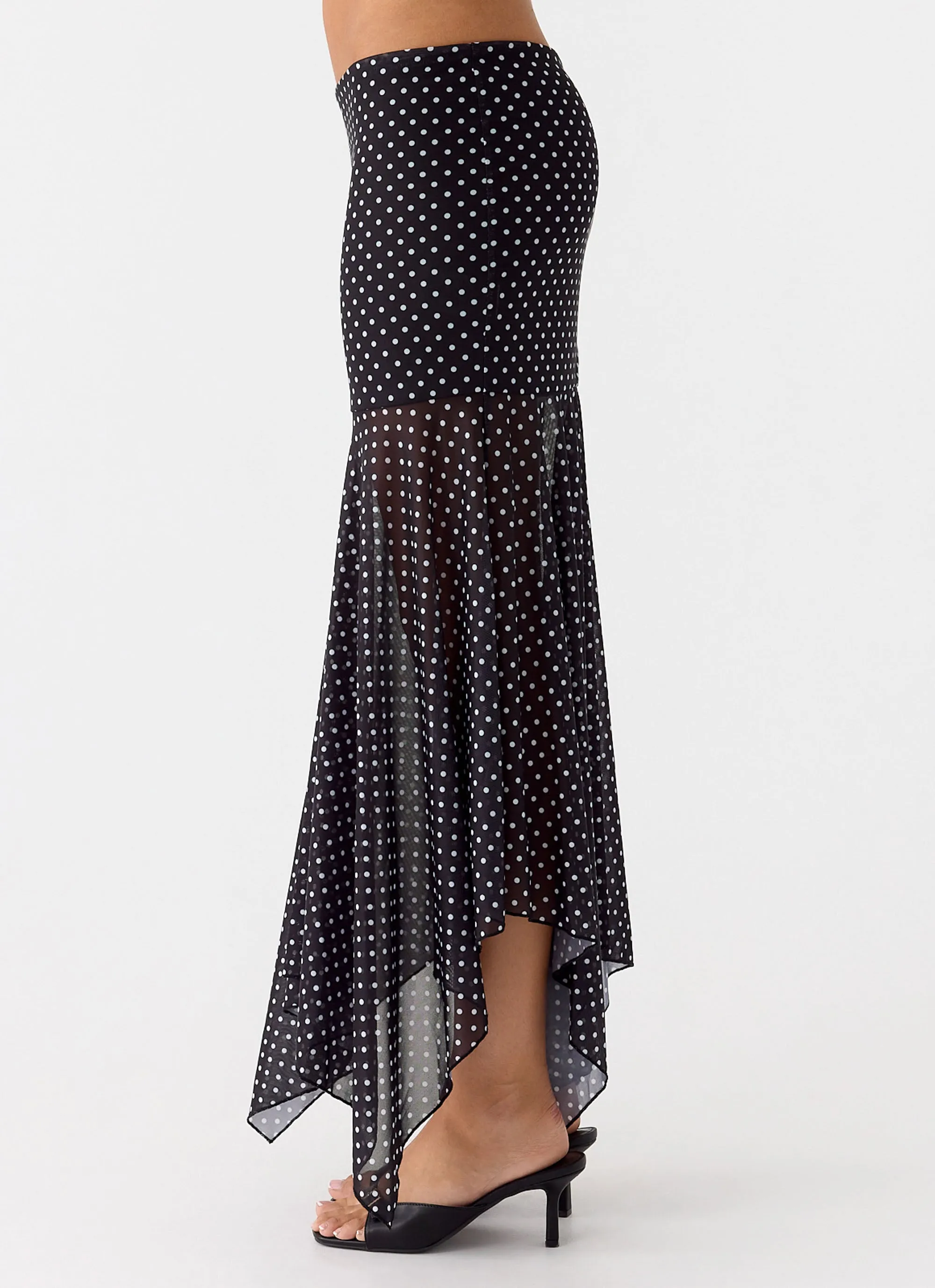 Weighted Hem Detachable Tie Buffy Maxi Skirt - Black Polkadot