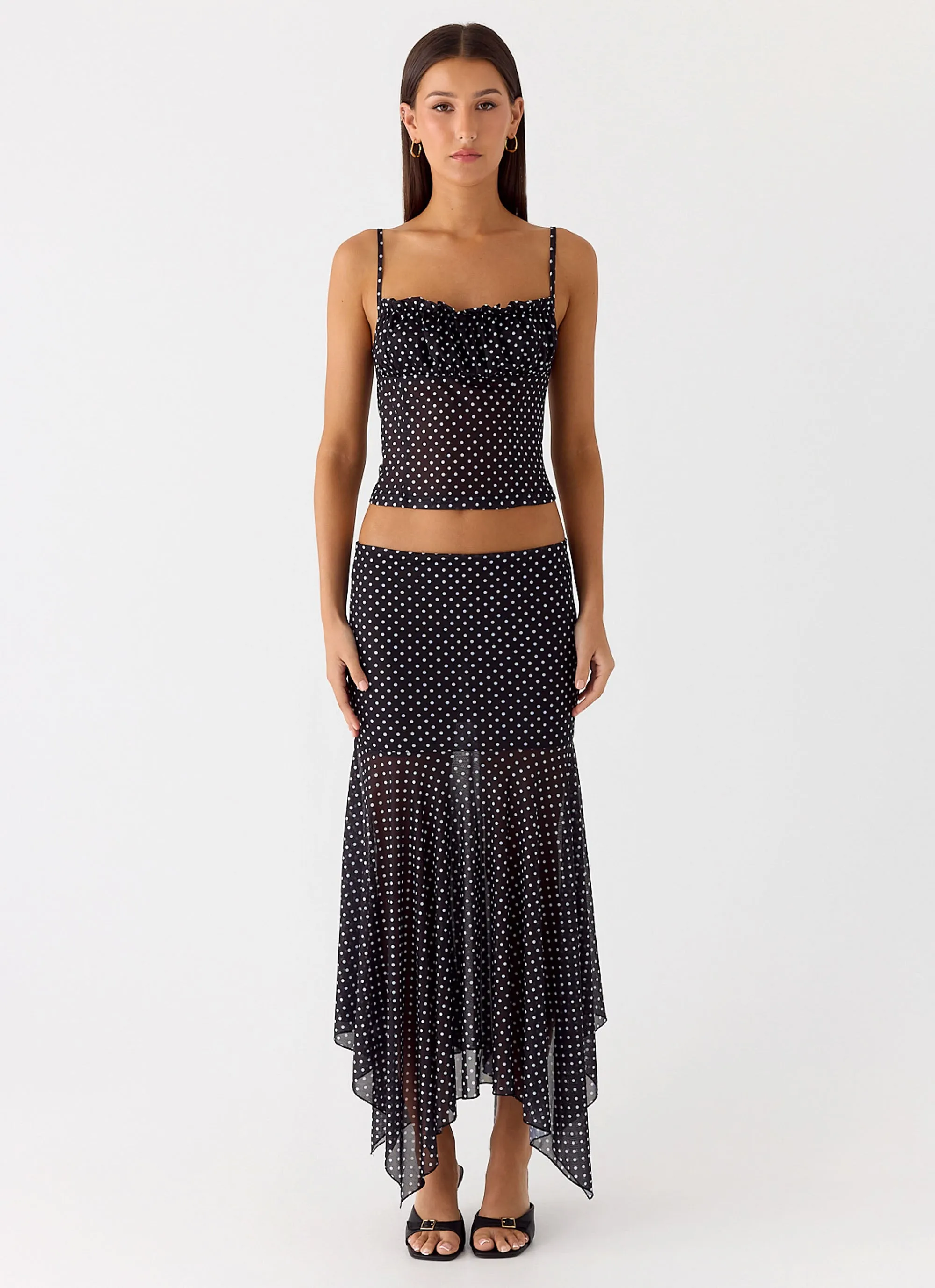 Double Stitched Buffy Maxi Skirt - Black Polkadot