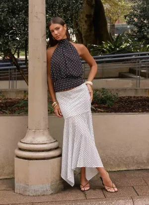 Buffy Maxi Skirt - White Polkadot Glossy Finish Buffy Maxi Skirt - White Polkadot Roll Up Fasten