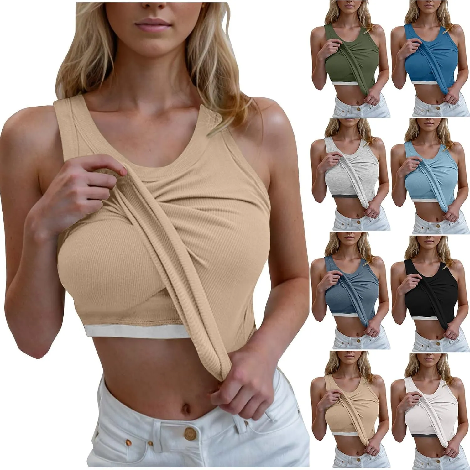 Built-in Bra Cami Tank Tops for Women Comfy Summer Soft Pajamas Ribbed Camisole Sleepwear Padded Workout Yoga Shirts