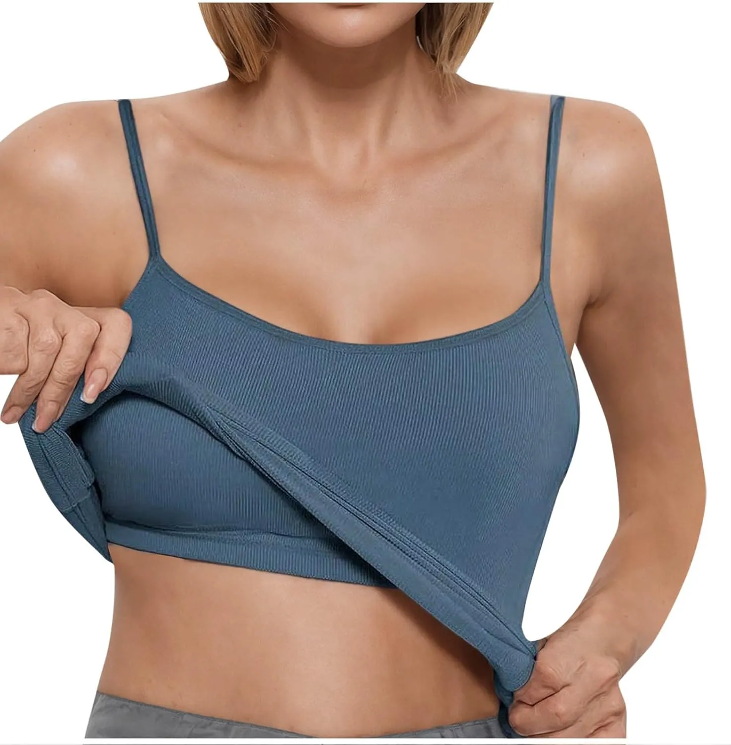 Built in Bra Tank Tops for Women Summer Casual Ribbed Knit Camisole Spaghetti Straps Sleeveless Padded Workout Tops